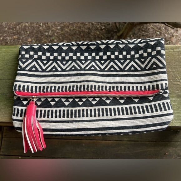 Bergdorf Goodman aztec black cream southwestern boho clutch orange trim Y2K - Picture 1 of 10